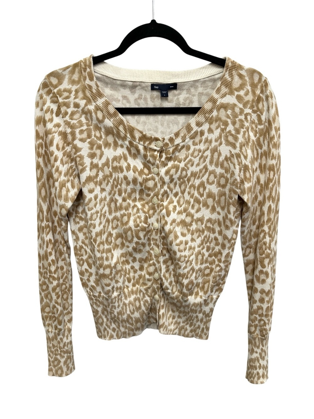 GAP cream tan leopard animal print cardigan sweater Size S 100% cotton